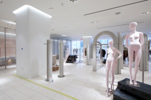 Imposing columns with curved edges and mannequins in all sizes inside NordstromÕs 57th Street store.