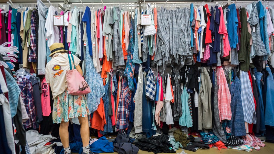 Clearance merchandise in complete disarray at a Gap Old Navy brand store in New York.