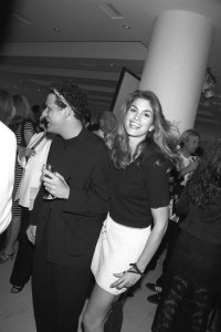 Cindy Crawford and Isaac Mizrahi at the post-premiere party for "Unzipped" inside the Beverly Hills Barneys New York store, 1995.