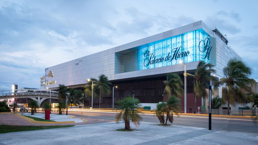 The striking blue exterior of Palacio de Hierro Veracruz. Dramatic exteriors are a Palacio signature.