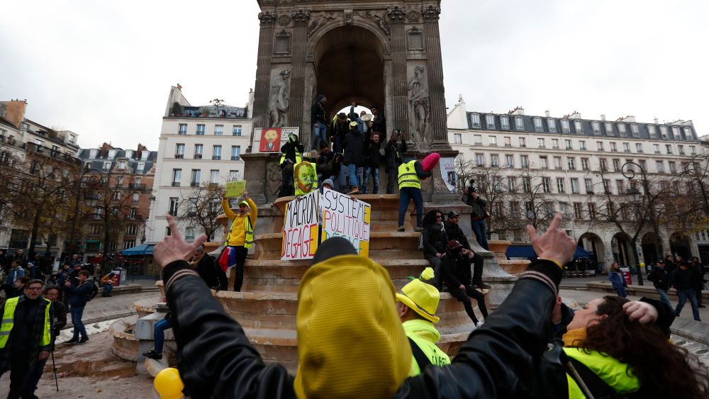 'Gilets Jaunes' (Yellow Vests) protesters gather in central Paris to mark the one year anniversary of the protest movement, in Paris, France, 17 November 2019. November 17 marks one year to the day since the Yellow Vest movement started their weekly protest action in France.First anniversary of the Yellow Vests protest movement, Paris, France - 17 Nov 2019