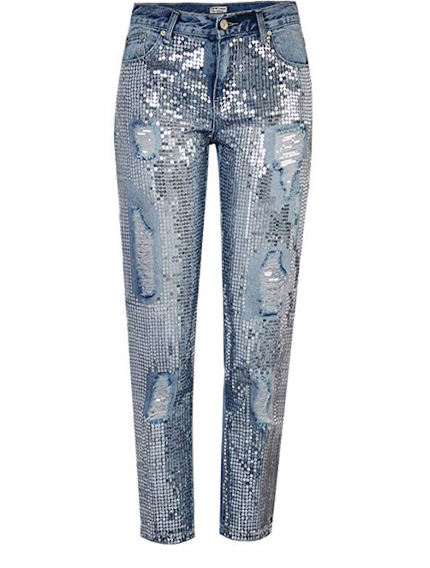 Here are some denim pieces featuring studs, rhinestones and other glam accents to wear on New Year’s.