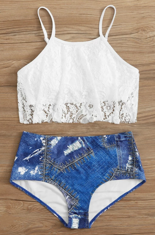Copy Bella Hadid’s St Barts denim bikini vacation look with these 10 denim bathing suits and accessories.