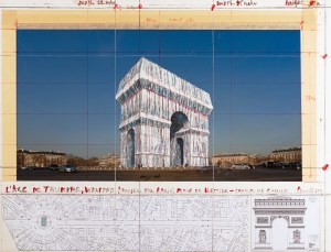 Christo L'Arc de Triomphe, Wrapped (Project for Paris) Place de l'Etoile – Charles de Gaulle Collage 2019 17 x 22" (43.2 x 55.9 cm) Pencil, wax crayon, enamel paint, photograph by Wolfgang Volz, architectural and topographic survey, hand-drawn map on vellum and tape.