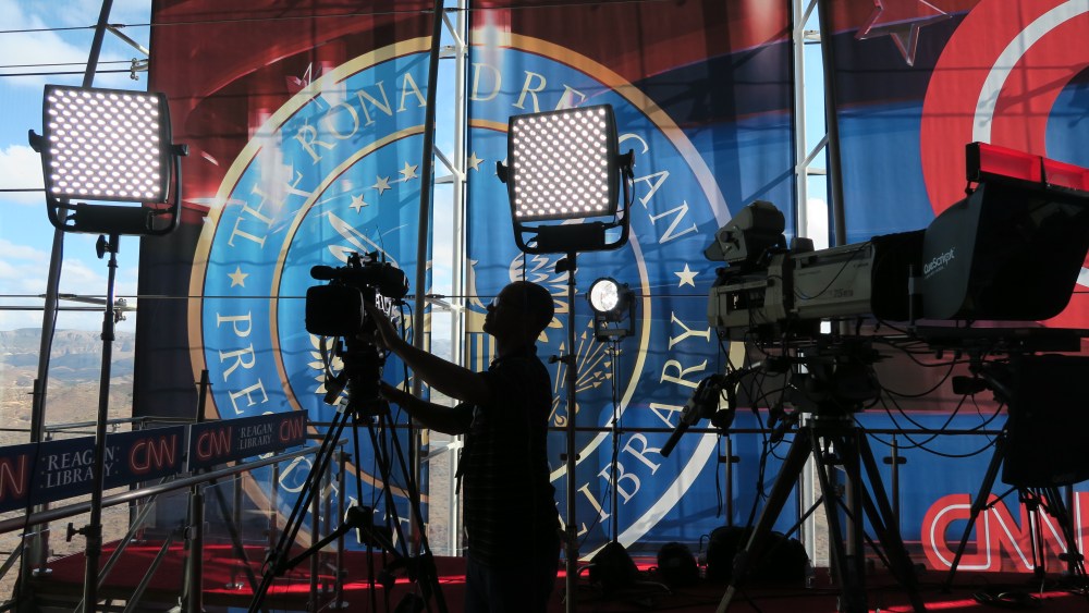 A technician adjusts a television camera before the start of the CNN Republican presidential debates at the Ronald Reagan Presidential Library and Museum in Simi Valley, CalifGOP 2016 Debates, Simi Valley, USA