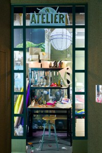 A work station shows the tools of the shoe trade.