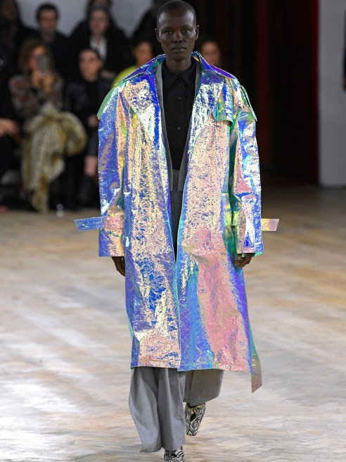 Shimmering, iridescent fabrics were a Fall 2020 runway trend, shown by A.W.A.K.E. MODE, Off-White, Anthony Vaccarello for Saint Laurent and Dries Van Noten.