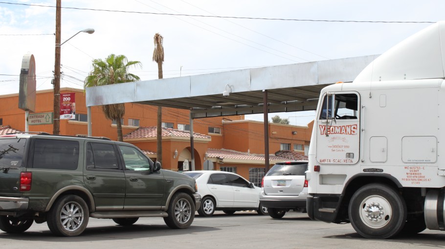San Luis, Ariz. / US - September 29, 2010: Semi trucks with economic freight, going both north and south, are a major part of traffic at the Port of Entry.