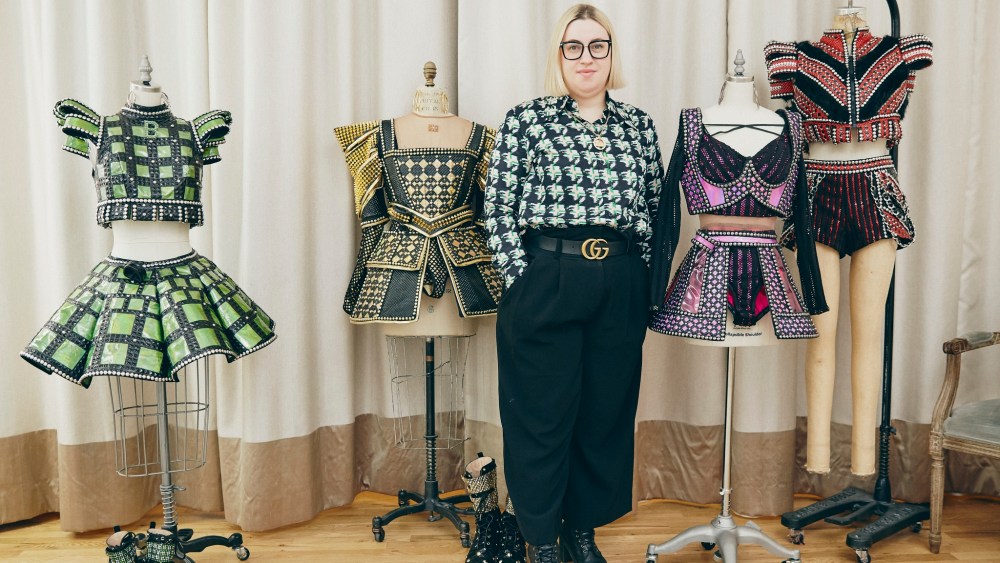 Six costume designer Gabriella Slade with her designs.