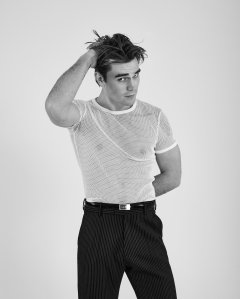 Dries Van Noten’s trousers and cotton top. Pyrrha rings (worn throughout).
