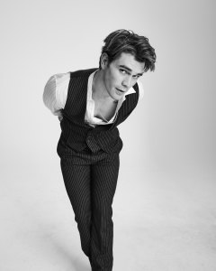 Alexander McQueen’s reconstructed, pieced and patched pinstripe waistcoat; pinstripe cigarette trousers, and classic striped cotton poplin striped shirt.