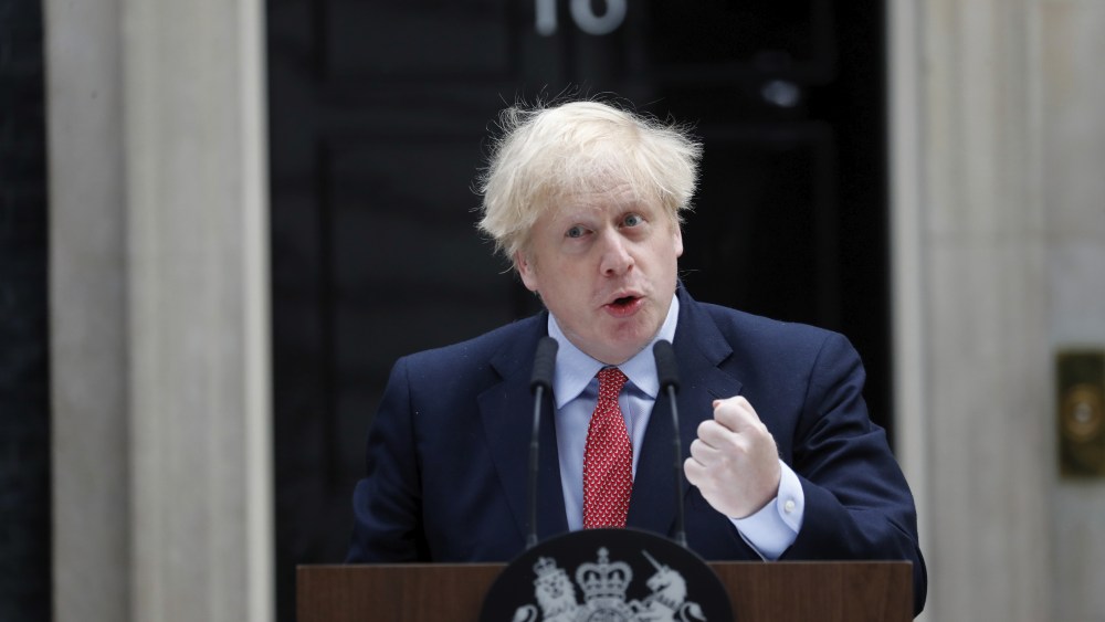 British Prime Minister Boris Johnson makes a statement on his first day back at work in Downing Street, London, after recovering from a bout with the coronavirus that put him in intensive care, . The highly contagious COVID-19 coronavirus has impacted on nations around the globe, many imposing self isolation and exercising social distancing when people move from their homesVirus Outbreak , London, United Kingdom - 27 Apr 2020