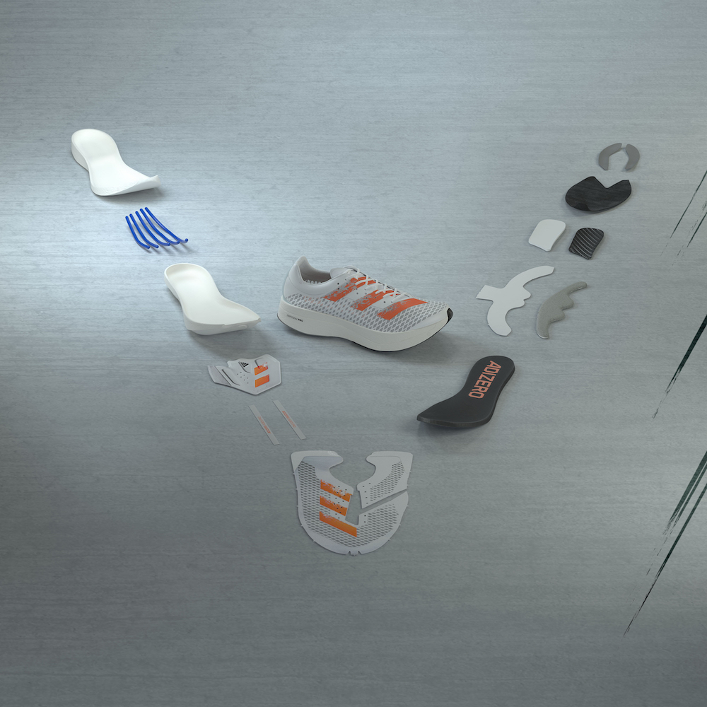 The Adidas Adizero Adios Pro marathon running footwear incorporates carbon EnergyRods on top of a carbon and nylon heel plate for stability.