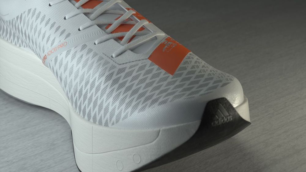 The Adidas Adizero Adios Pro marathon running footwear incorporates carbon EnergyRods on top of a carbon and nylon heel plate for stability.