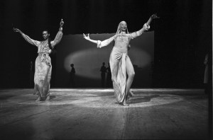 Models dressed in midriff-bearing tops and oversized bottoms worn with headresses during the fashion show to benefit the restoration of the Chateau of Versailles, five American designers matching talents with five French couturiers at the Versailles Palace on November 28, 1973 in Versailles, France....Article title: 'One night and pouf! It's gone!Battle of Versailles, Versailles