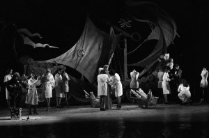 Models on the stage during the fashion show to benefit the restoration of the Chateau of Versailles, five American designers matching talents with five French couturiers at the Versailles Palace on November 28, 1973 in Versailles, France...Article title: 'One night and pouf! It's gone!Battle of Versailles, Versailles