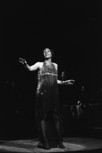 Liza Minnelli performs during the fashion show to benefit the restoration of the Chateau of Versailles, five American designers matching talents with five French couturiers at the Versailles Palace on November 28, 1973 in Versailles, France...Article title: 'One night and pouf! It's gone!Battle of Versailles, Versailles