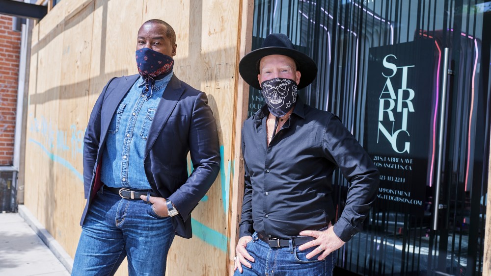 Ted Gibson and Jason Backe pose for a portriat at STARRING by Ted Gibson in Los Angeles, California on June 6, 2020.