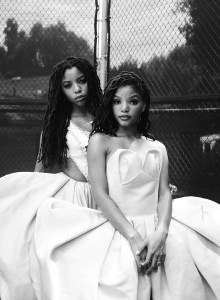 Chloe in Area's cotton and polyester dress. Halle in Area’s polyester dress.