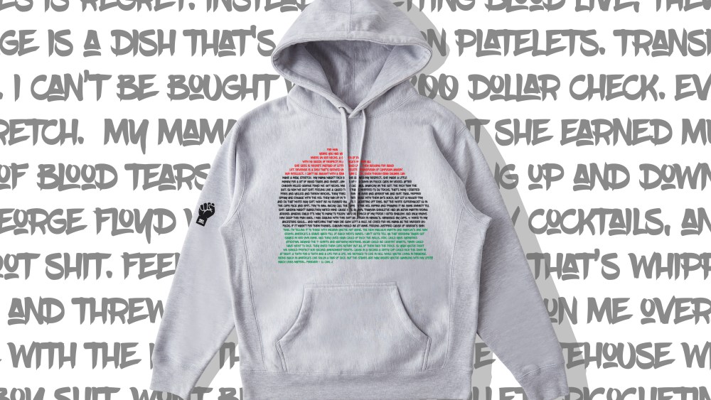 The hoodie, designed with Alexander-John, features lyrics from LL Cool J.