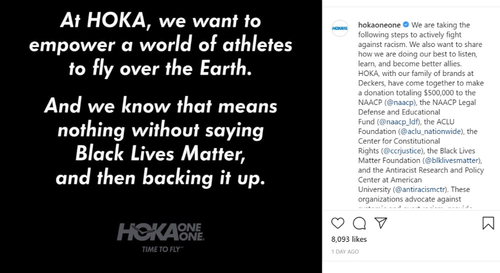 Hoka One One and parent company Deckers will donate $500,000 to organizations promoting racial equality.