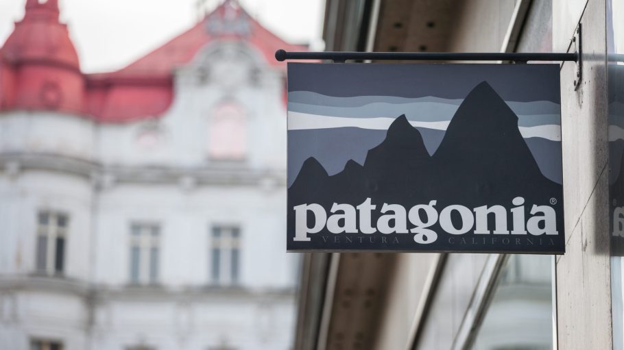 Patagonia logo in front of their store in Prague. Patagonia is an American brand of outdoor fashion, sportswear and sports gear.