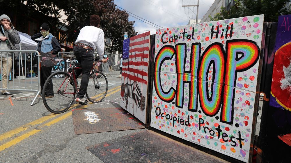 Sign reads "CHOP Capitol Hill Occupied Protest,", in Seattle. Protesters calling for police reform and other demands have taken over several blocks near downtown Seattle after officers withdrew from a police station in the area following violent confrontations. The CHOP name is a change from CHAZ (Capitol Hill Autonomous Zone) that was used earlier in the weekAmerica Protests Demonstrations, Seattle, United States - 14 Jun 2020