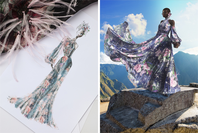 A Ralph & Russo sketch, and a digital rendering of the same dress.