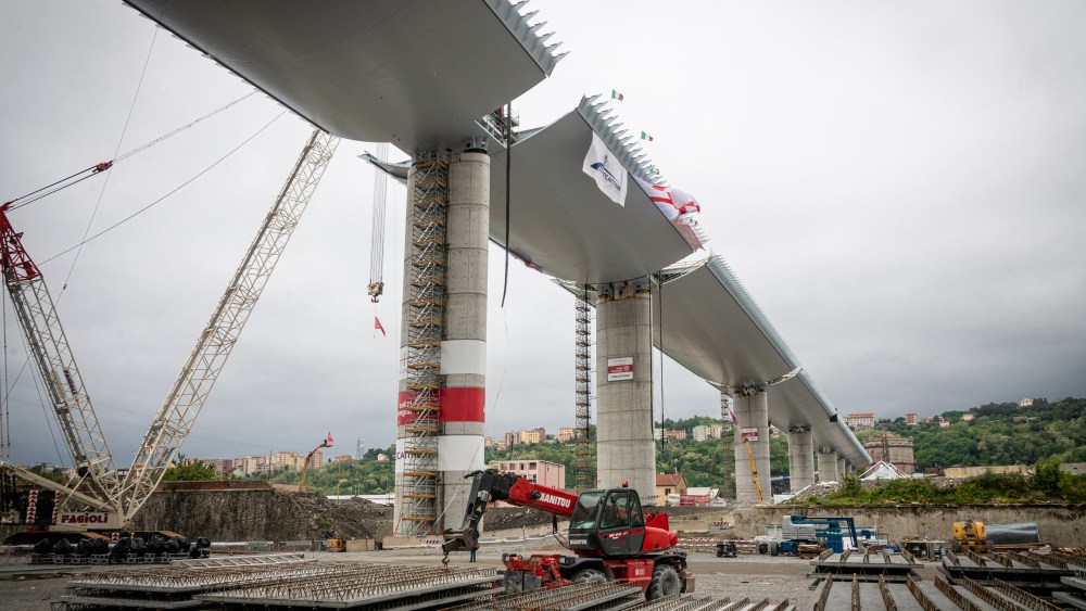 Views of the new bridge designed by Renzo Piano in place of the Morandi bridge. The steel viaduct is 1067 meters long in 19 spans and is 40 meters high.New bridge over the Polcevera, built after the collapse of Morandi in 2018, Genoa, Italy - 28 Apr 2020