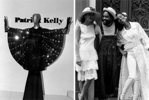 Left: Designer Patrick Kelly's Made to Order Collection at Martha, Inc. Boutique in New York.Right: Designer Patrick Kelly poses with models in contemporary wedding ensembles from his Spring 1986 Collection.