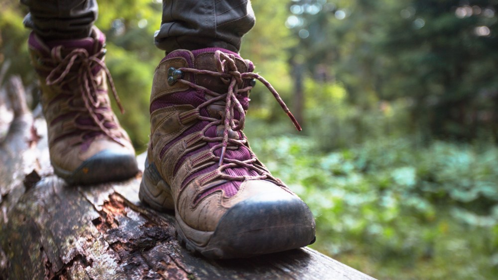 hiking boots close-up. girl tourist steps on a log