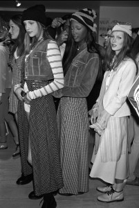 Carla Bruni, Nadja Auermann, Naomi Campbell and Kate Moss backstage at the Perry Ellis Spring 1993 show in New York, designed by Marc Jacobs.