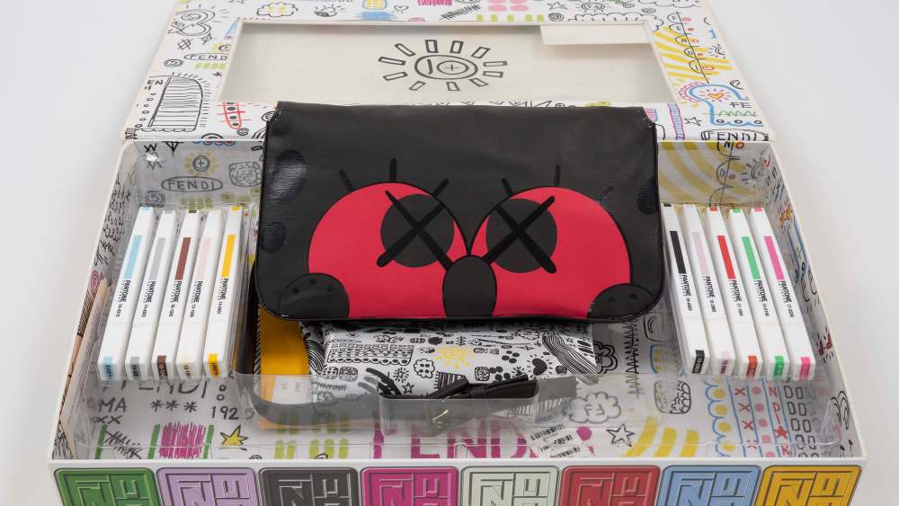 A Fendi purse customized by Kaws up for sale in Paris