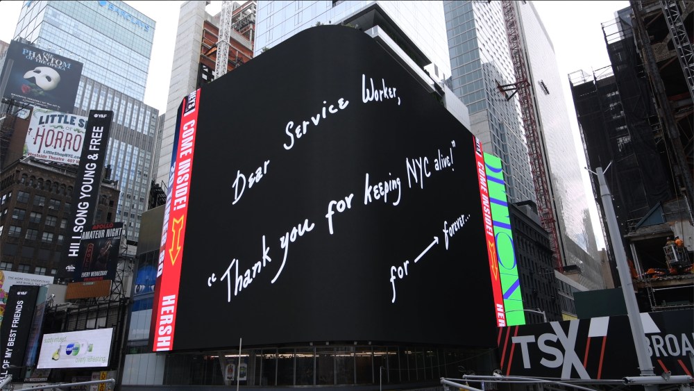 Mierle Laderman Ukeles, For ⟶ forever..., 2020. A three-part public art initiative on view in digital displays throughout the MTA subway and rail system, on the large-scale digital billboard at 20 Times Square, and vinyl on the Queens Museum facade. Presented by MTA Arts & Design, Queens Museum, and Times Square Arts. © Mierle Laderman Ukeles.