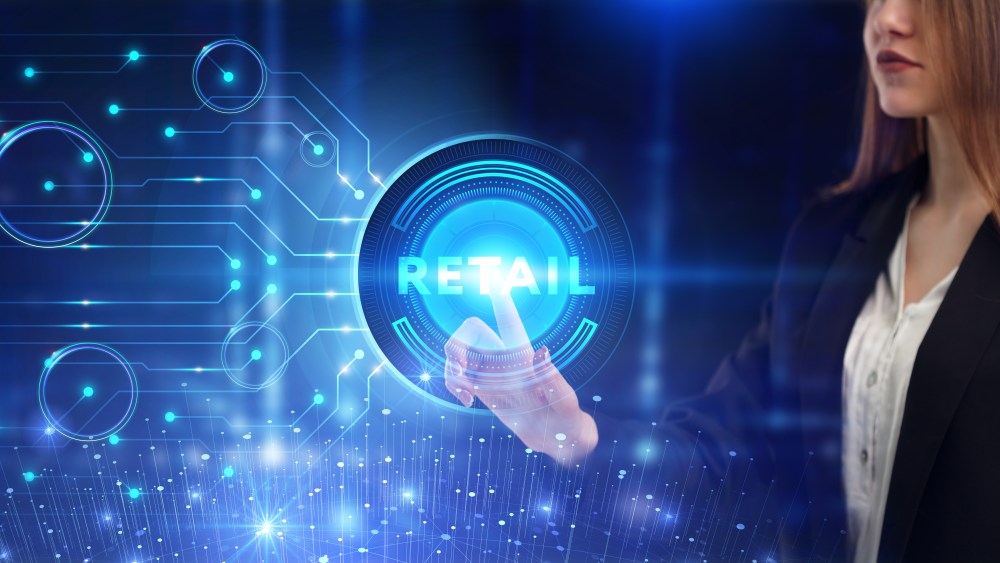 Business, Technology, Internet and network concept. Young businessman working on a virtual screen of the future and sees the inscription: Retail