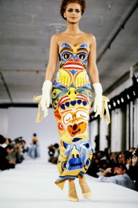 Model Melanie Landestoy poses in a Native American inspired "Totem Pole" dress designed by Isaac Mizarhi for Fall 1991.