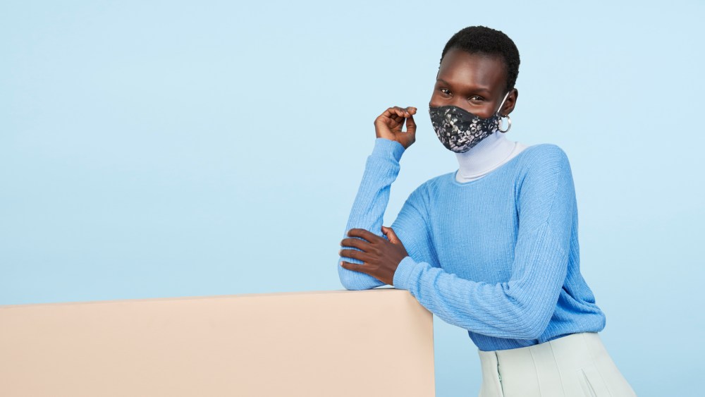 A model wears a mask from Prabal Gurung’s Impower brand.