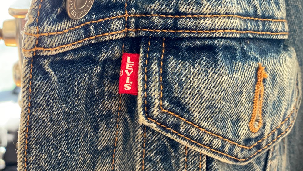 red tab on levi's denim jeans jacket