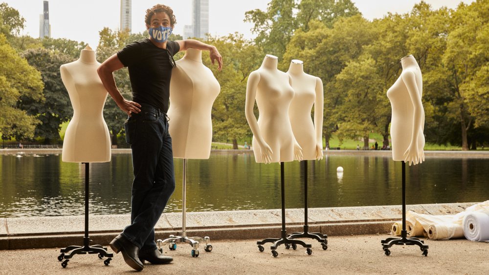Zac Posen in his makeshift studio space alongside Central Park's Water Conservancy.