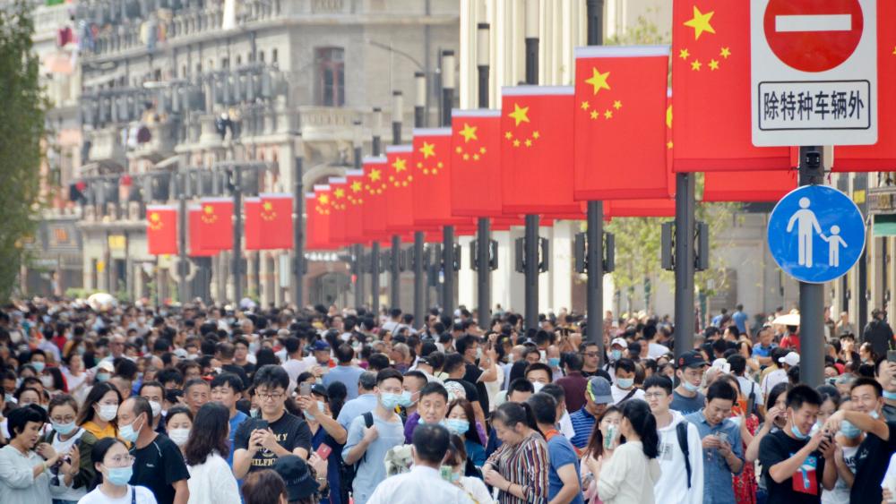 A sightseeing spot in Shanghai is crowded with tourists on China's National Day.