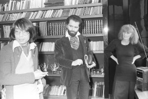 Designers Sonia Rykiel, Karl Lagerfeld and Kenzo Takada seated in Rykiel’s Paris apartment to discuss fashion in the 1970s for WWD, 1973.