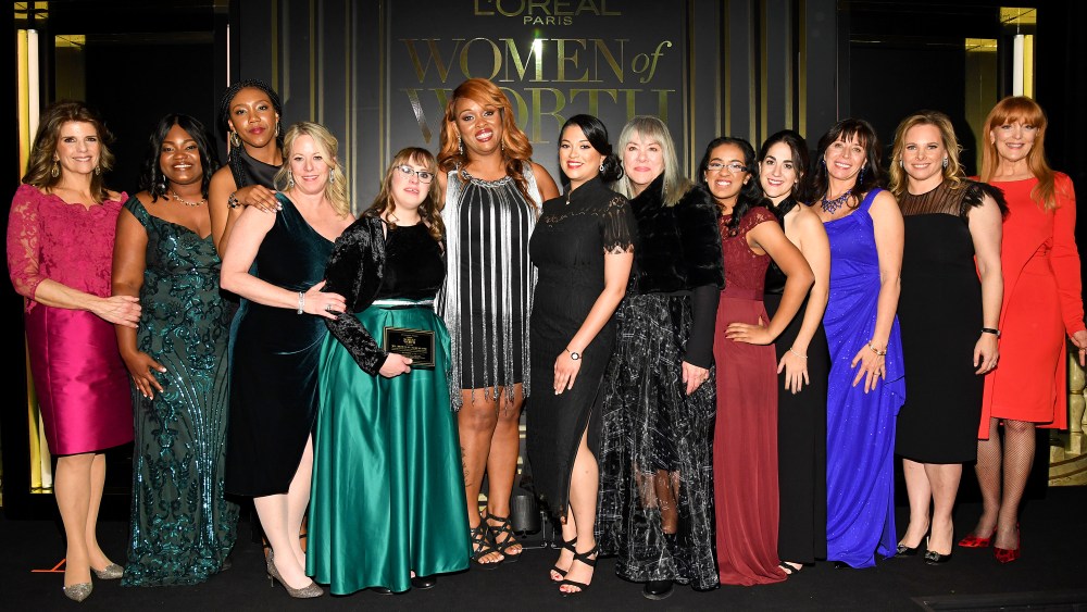 NEW YORK, NEW YORK - DECEMBER 04: (L-R) Karen T. Fondu, Crystal Chatman, Shanté Elliott, Sally Berenzweig, Brittany Sciavone, Ni'Cola Mitchell, Hetal Jani, Judy Winter, Shreyaa Venkat, Samantha Gerson, Raja B. Marhaba, Ali Goldstein, and Gracie Cavnar attend the 14th Annual L'Oréal Paris Women Of Worth Awards at The Pierre on December 04, 2019 in New York City. (Photo by Kevin Mazur/Getty Images for L'Oréal )