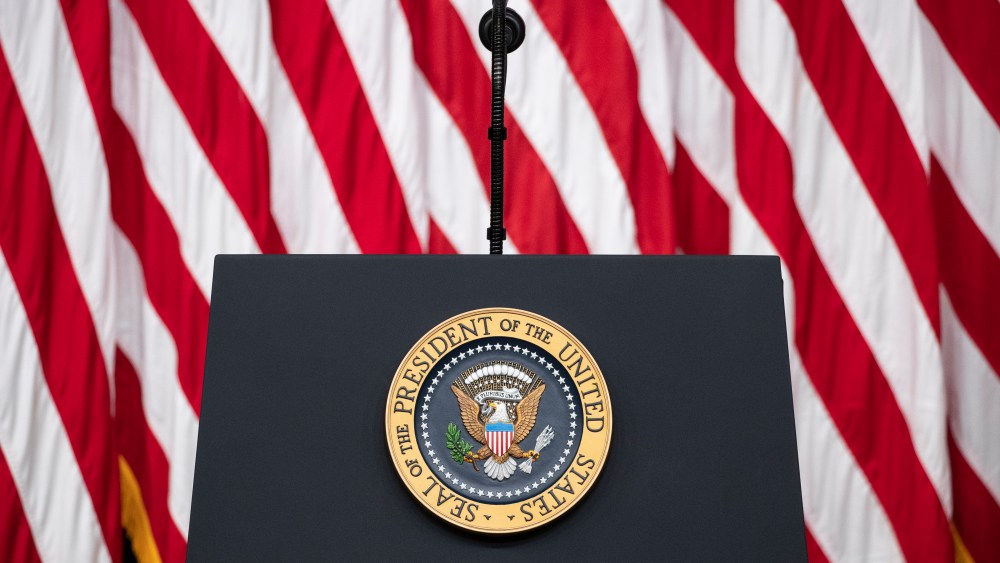 The presidential podium and seal are set before President Donald Trump speaks at an event to sign executive orders on lowering drug prices, in the South Court Auditorium in the White House complex, Friday, July 24, 2020, in Washington. (AP Photo/Alex Brandon)