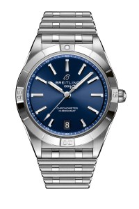Breitling's Chronomat Automatic 36 with a Stainless Steel Case, Blue Dial on Stainless Steel Rouleaux Bracelet.