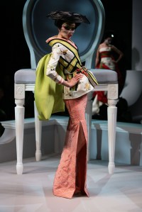 A model poses in Kimono inspired eveningwear from Dior's spring 2007 haute couture show at the Polo de Paris.