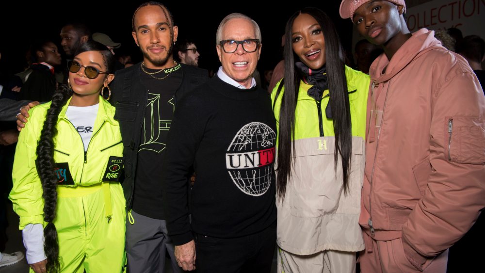 H.E.R., Lewis Hamilton, Tommy Hilfiger, Naomi Campbell and Alton Mason at the February 2020 show in London.
