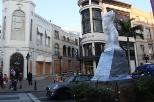 Boarded up stores across Rodeo Drive in Los Angeles.