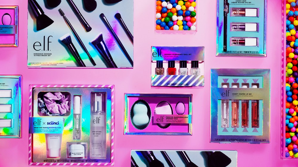 e.l.f. holiday makeup sets on a pink background