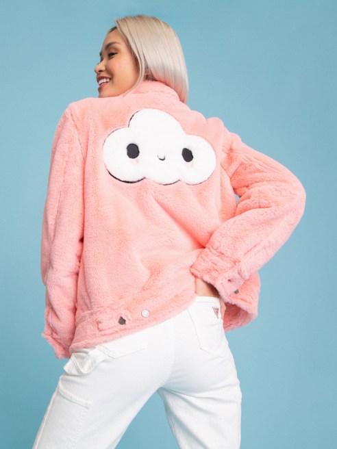 Guess and art collaborative FriendsWithYou teamed up on jackets and sweatshirts featuring the group's joyful character, Little Cloud.