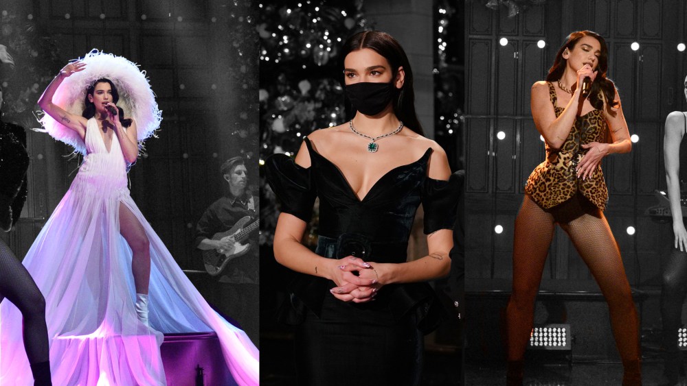 Dua Lipa wearing Valentino, Mugler and Azzedine Alaïa on "Saturday Night Live"